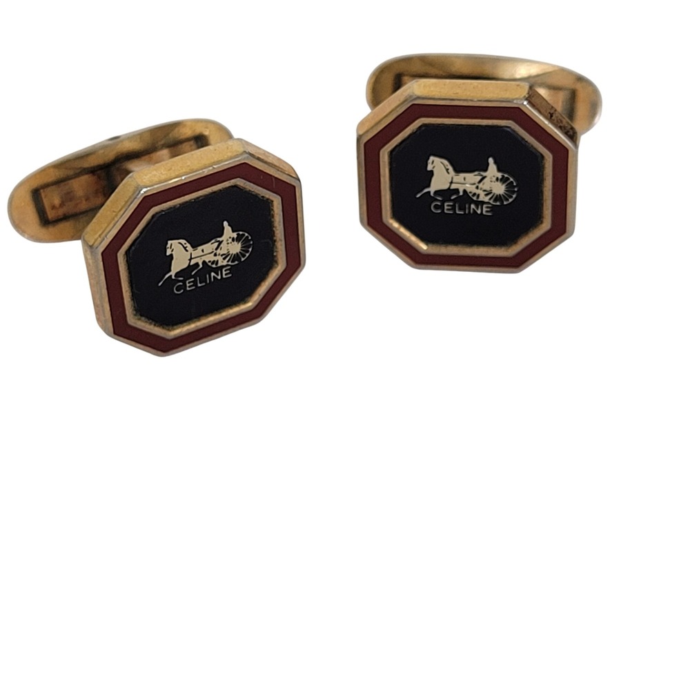 Celine Vintage Horse Carriage Logo Octagon Cufflinks Gold Tone Enamel Black Red